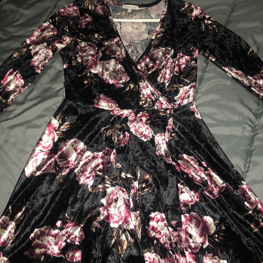 Floral Black Velvet Dress
